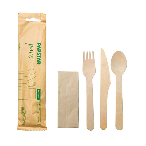 Bestecksets aus Holz, "pure" : Messer, Gabel, Löffel, Serviette in Papierbeutel - Bild 1