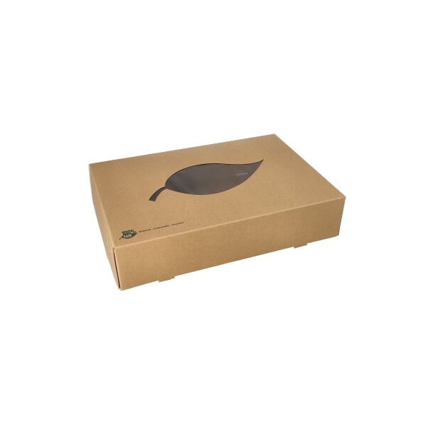Catering-Kartons, Pappe "pure" 35,7 x 24,7 cm braun "100% Fair" mit Sichtfenster aus PLA - Bild 1