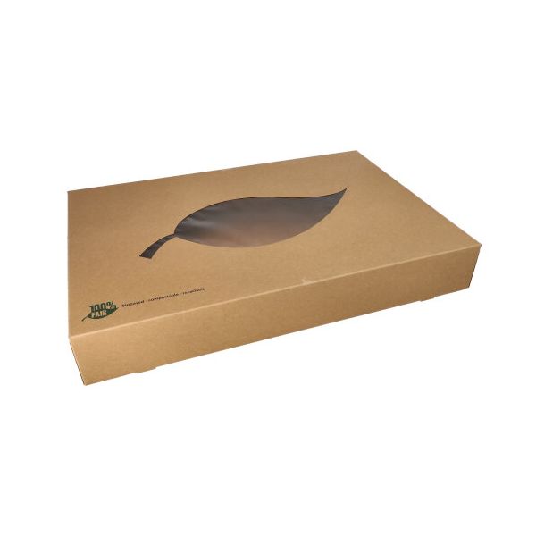 Catering-Kartons, Pappe "pure" 55,7 x 37,6 cm braun "100% Fair" mit Sichtfenster aus PLA - Bild 1