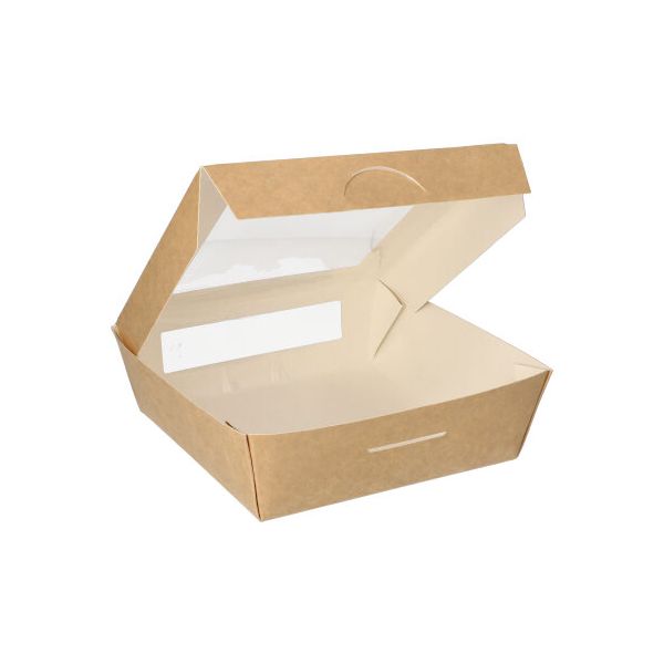 Feinkostboxen, Pappe mit Sichtfenster aus PLA eckig 1000 ml 16 x 16 cm x 5 cm braun - Bild 1