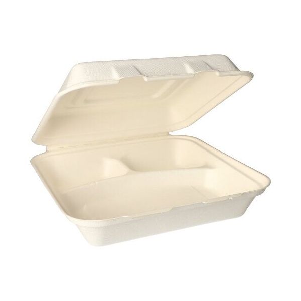 Menüboxen aus Zuckerrohr "pure" 3-geteilt 24 x 24 cm weiss - Bild 1