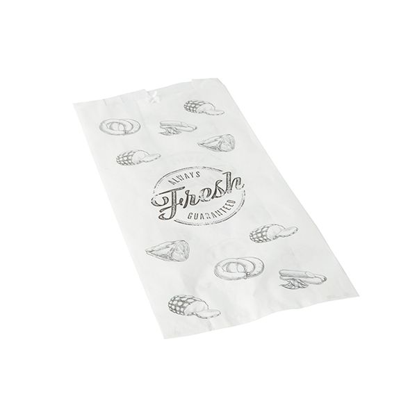 Metzgerfaltenbeutel, Kraftpapier, gefädelt 28 x 14 x 6 cm weiss "Wurstwaren" mit Druck, klein - Bild 1