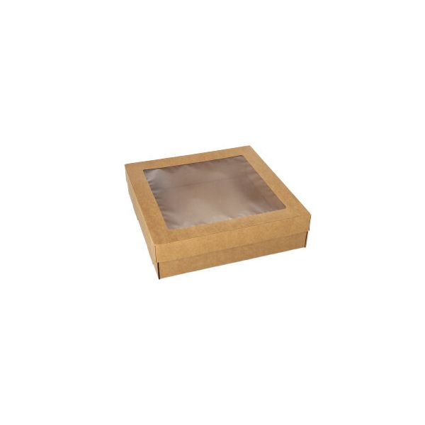 Transport- und Catering-Kartons, Pappe eckig 22,5 x 22,5 cm braun mit separatem Deckel und Sichtfenster aus PET - Bild 1