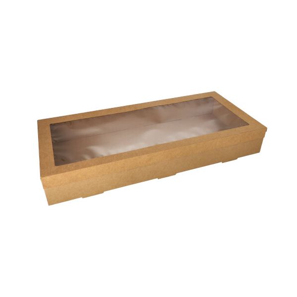 Transport- und Catering-Kartons, Pappe eckig 25,2 x 55,8 cm braun mit separatem Deckel und Sichtfenster aus PET - Bild 1