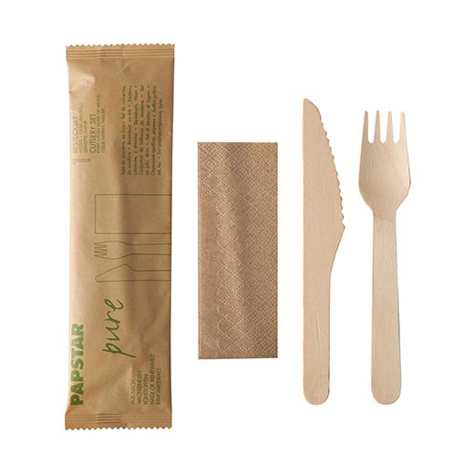 Bestecksets aus Holz "pure",  Messer, Gabel, Serviette in Papierbeutel 1