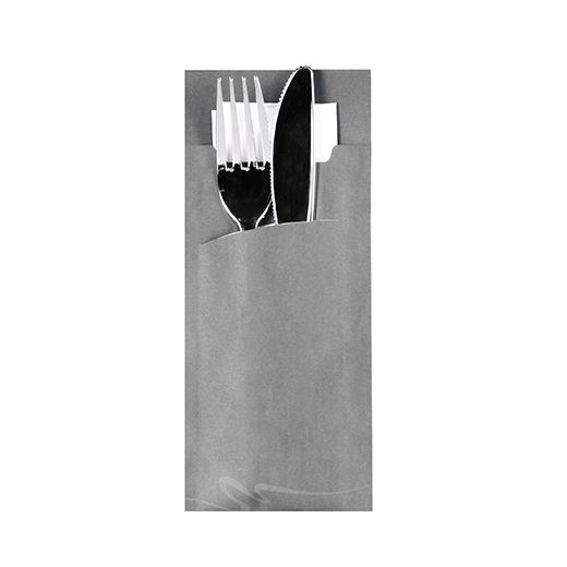 Bestecktaschen grau, 20 x 8,5 cm, inkl. weißer Serviette 33 x 33 cm 2-lag. 1