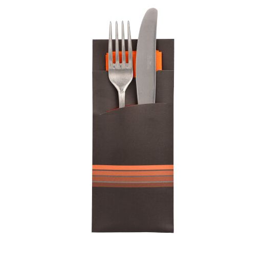 Bestecktaschen "Stripes" schwarz/orange, 20 x 8,5 cm, inkl. farbiger Serviette 33 x 33 cm 2-lag. 1