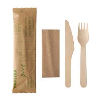 Bestecksets aus Holz "pure" natur : Messer, Gabel, Serviette in Papierbeutel