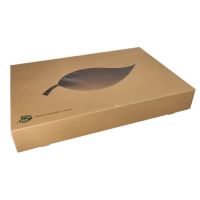 Catering-Kartons, Pappe "pure" 55,7 x 37,6 cm braun "100% Fair" mit Sichtfenster aus PLA