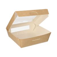Feinkostboxen, Pappe mit Sichtfenster aus PLA eckig 1000 ml 16 x 16 cm x 5 cm braun