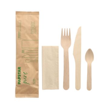 Bestecksets aus Holz "pure" : Messer, Gabel, Kaffeelöffel, Serviette in Papierbeutel