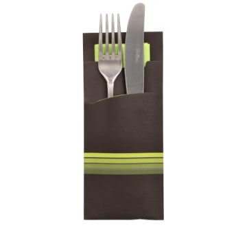 Bestecktaschen "Stripes" schwarz/limone, 20 x 8,5 cm, inkl. farbiger Serviette 33 x 33 cm 2-lag.