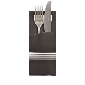 Bestecktaschen "Stripes" schwarz/weiss, 20 x 8,5 cm, inkl. weißer Serviette 33 x 33 cm 2-lag.