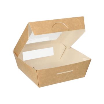 Feinkostboxen, Pappe mit Sichtfenster aus PLA eckig 750 ml 14 x 14 cm x 5 cm 