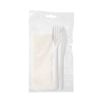 Mehrweg-Bestecksets PP-MF 22 cm : Messer, Gabel, Serviette in Folienbeutel