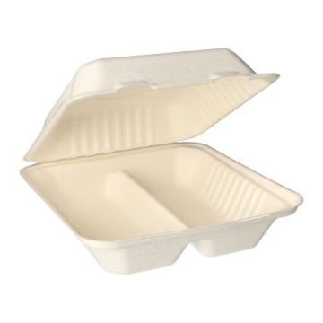 Menüboxen aus Zuckerrohr "pure" 2-geteilt 20 x 22 cm weiss