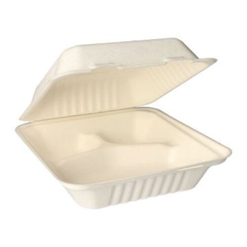 Menüboxen aus Zuckerrohr "pure" 3-geteilt 20 x 22 cm weiss