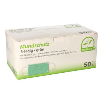 Mundschutz Typ IIR, 3-lagiges Vlies 9 x 17,5 cm grün mit Nasenbügel und Elastikbändern