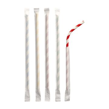 Papierstrohhalme, flexibel, Ø 6 mm · 20 cm, farbig sortiert, "Stripes", einzeln gehüllt