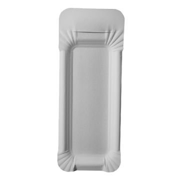 Pappteller eckig "pure", 8 x 21 cm weiss, mit abtrennbarem Anfasser