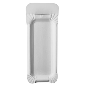 Pappteller eckig "pure", 8 x 21 cm weiss, mit abtrennbarem Anfasser