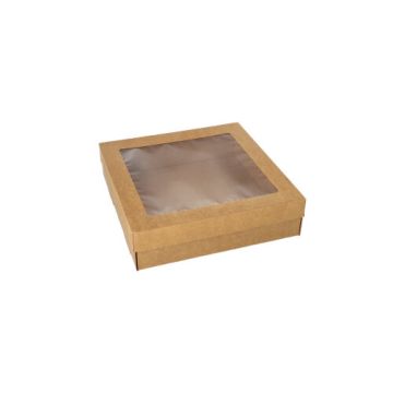 Transport- und Catering-Kartons, Pappe eckig 22,5 x 22,5 cm braun mit separatem Deckel und Sichtfenster aus PET