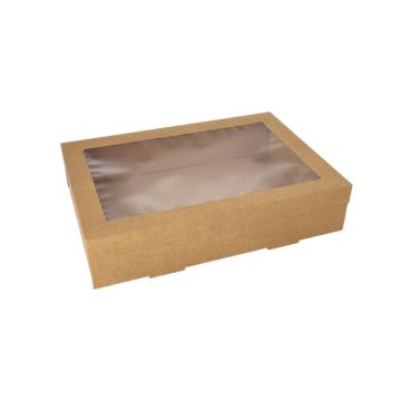 Transport- und Catering-Kartons, Pappe eckig 25,2 x 35,9 cm braun mit separatem Deckel und Sichtfenster aus PET