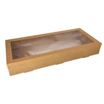 Transport- und Catering-Kartons, Pappe eckig 25,2 x 55,8 cm braun mit separatem Deckel und Sichtfenster aus PET