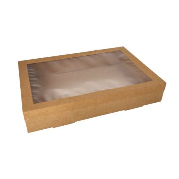 Transport- und Catering-Kartons, Pappe eckig 31 x 45 cm braun mit separatem Deckel und Sichtfenster aus PET
